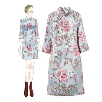 

Elegant Women Mandarin Collar Flower Qipao Winter New Mini Long Sleeve Cheongsam Vintage Chinese Female Banquet Formal Dress