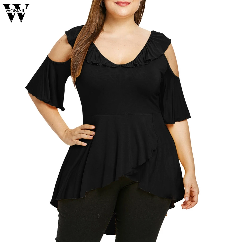 Womail 5XL Женские топы с рюшами и рукавами большие размеры v образный вырез открытыми