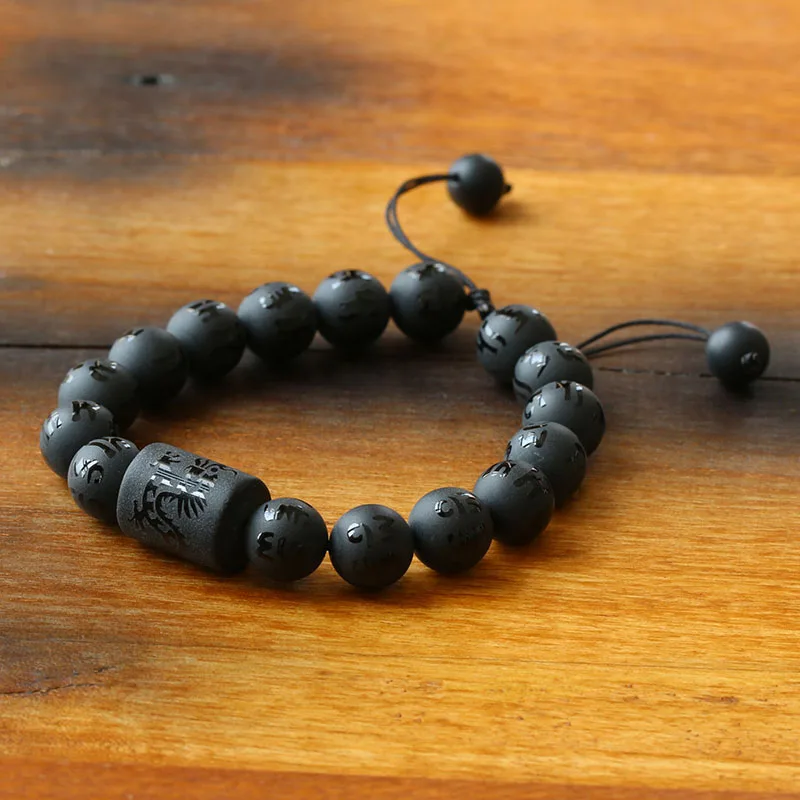 

Six True Words Matte Black Onyx Dragon Carved Charm Prayer Bracelet Mantra Protective Jewelry For Men Natrual Stone Dropshipping