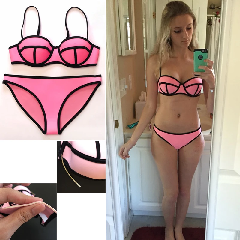 2016 New Multicolor Sexy Neoprene Bikini Set Women Push Up Swimsuit Underwire Swimwear Neon Bathing Suit