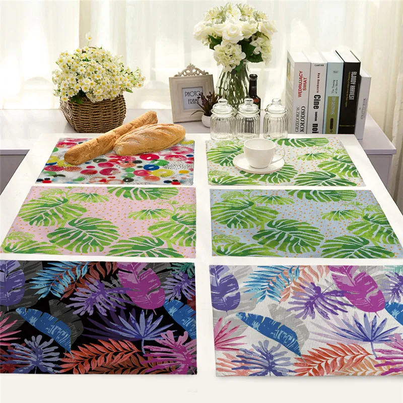 New Painted Dining Placemat Table Mats Green Leaves Series Cotton Linen