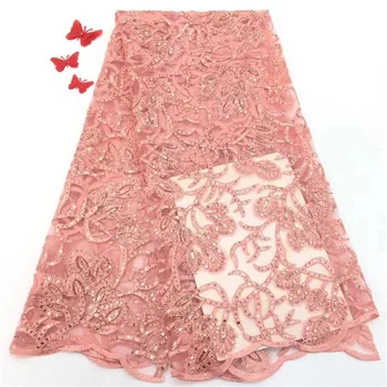 

2019 pink African high quality lace French Nigerian sequins net tulle mesh lace fabric for wedding dress 5 yards