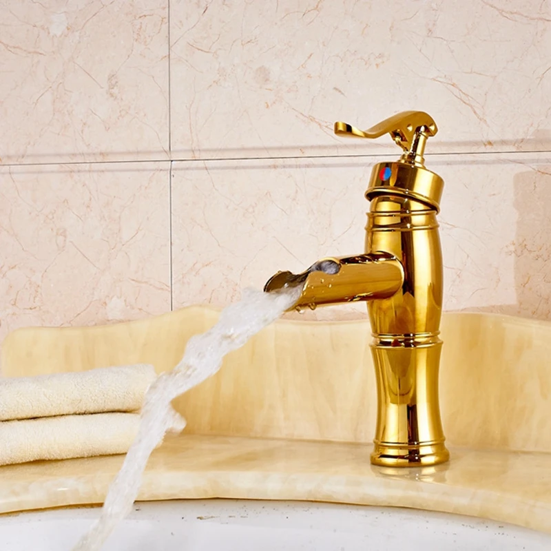 

New Golden Single Handle Hole Waterfall Bathroom Basin Faucet Hot Cold Mixer Tap