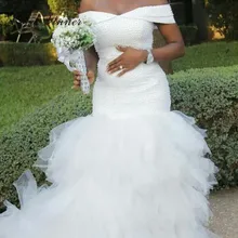 Роскошное белое свадебное платье с жемчужинами и бусинами в стиле русалки, большие размеры, многослойное свадебное платье с рукавами-крылышками и кисточками на заказ в африканском стиле es W0366