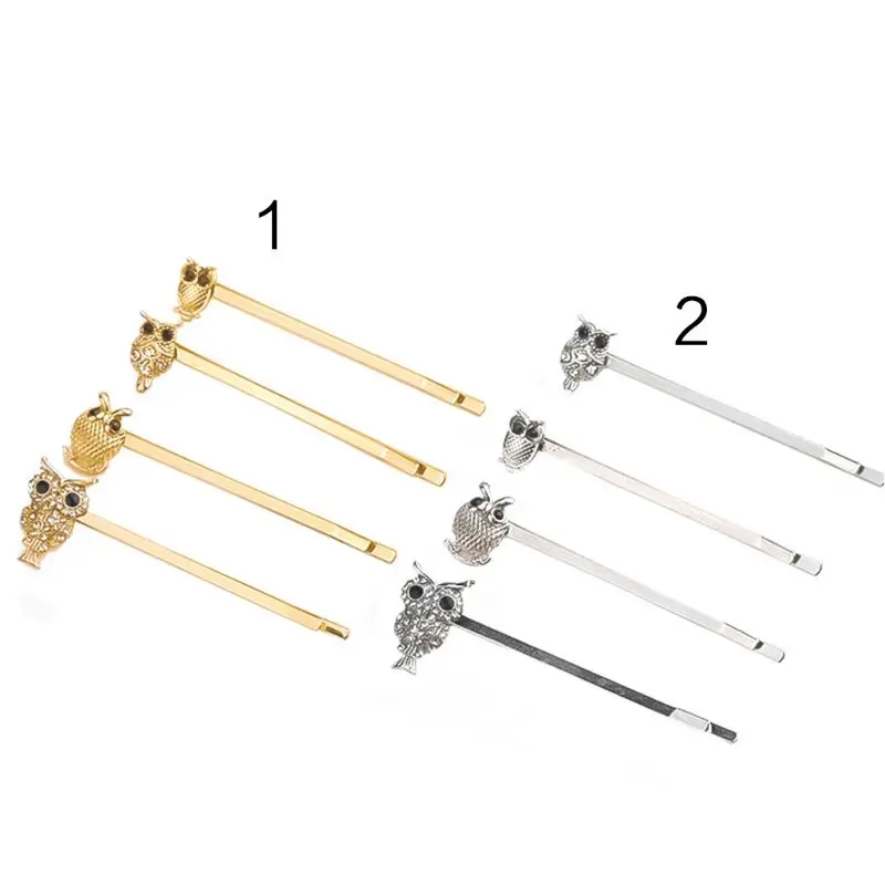 

4Pcs/Set Women Vintage Metal Alloy One Word Side Clips Mini Owl Ornament Rhinestone Decor Faux Crystal Hairpin Jewelry Barrettes