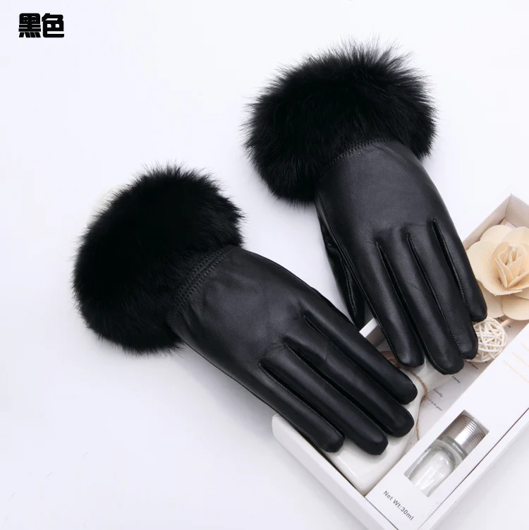 

Winter Warm Mitten Women Real Leather Rabbit Fur Balls Female Gloves Causal Wrist Soft Covered Finger Fitness Gloves SR171