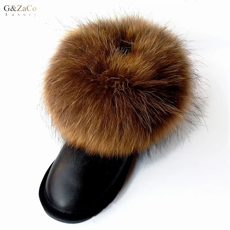 

G&Zaco Luxury Winter Women Big Reccoon Fur Natural Fox Fur Snow Boots Fur Short Boots Shoes Low Ankle Boots Women's FlatsShoes