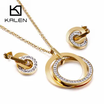 Kalen Stainless Steel Jewelry Sets For Women Three Rounds Pendant Necklaces Earrings Sets Women Fashion Zircon Wedding Jewelry