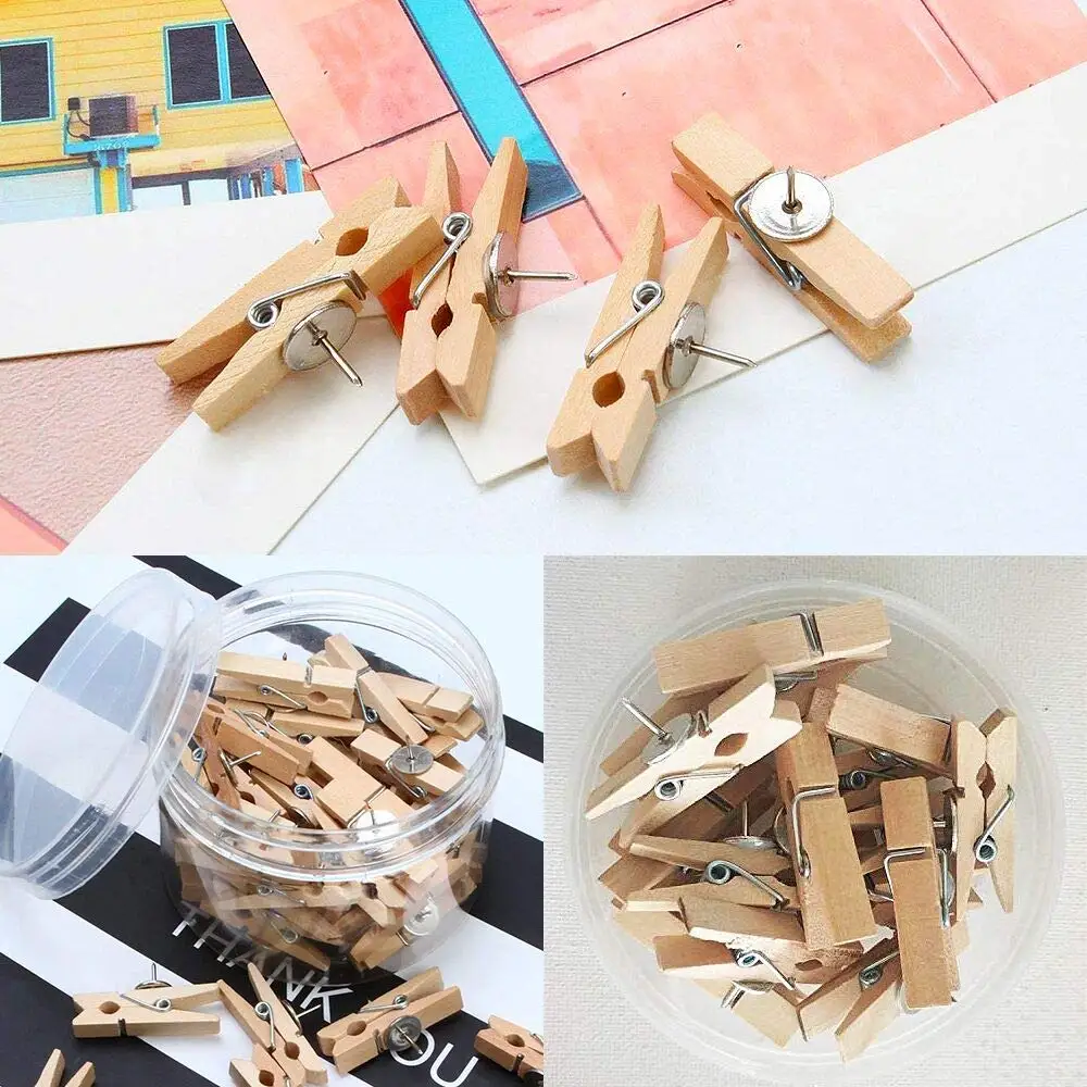 HQDeal Push Pins with Wooden Clips 50 Pieces Thumbtacks Pushpins Paper Clips Clothespins for Cork Boards Notes Photos Display Wall Used in Offices Schools Public Place