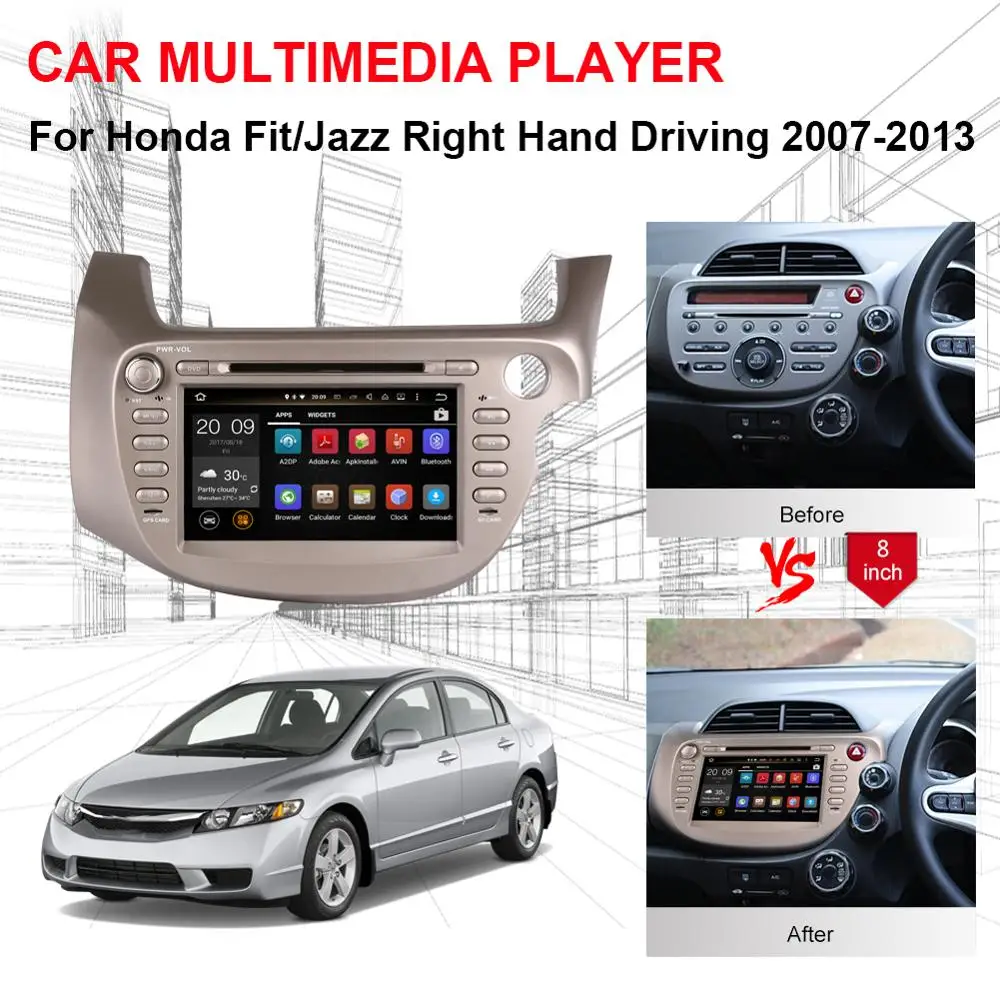 Sale 4GB RAM Android 9.0 Octa Core Car DVD Multimedia Player For Honda Fit/Jazz Right Hand Driving 2007-2013 WIFI BT GPS Navigation 2