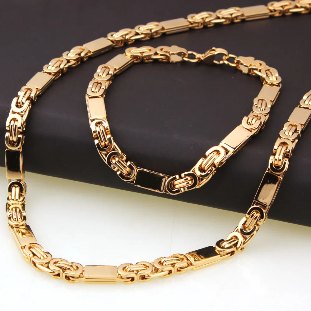 

New Arrive Mens Gold Color Stainless Steel Handmade Flat Byzantine Necklace Bracelet Set 6mm 8.66"+21.6"