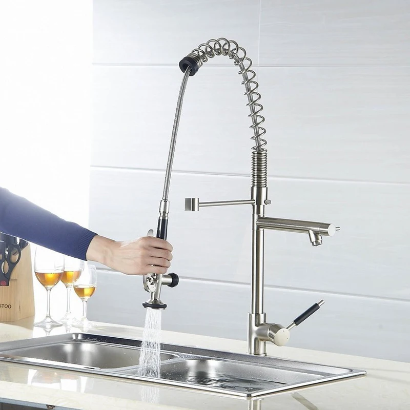 Brushed Nickel Hands Free Sprayer Head 75cm Highten Kitchen Faucet Single Black Handle Dual Spout Kitchen