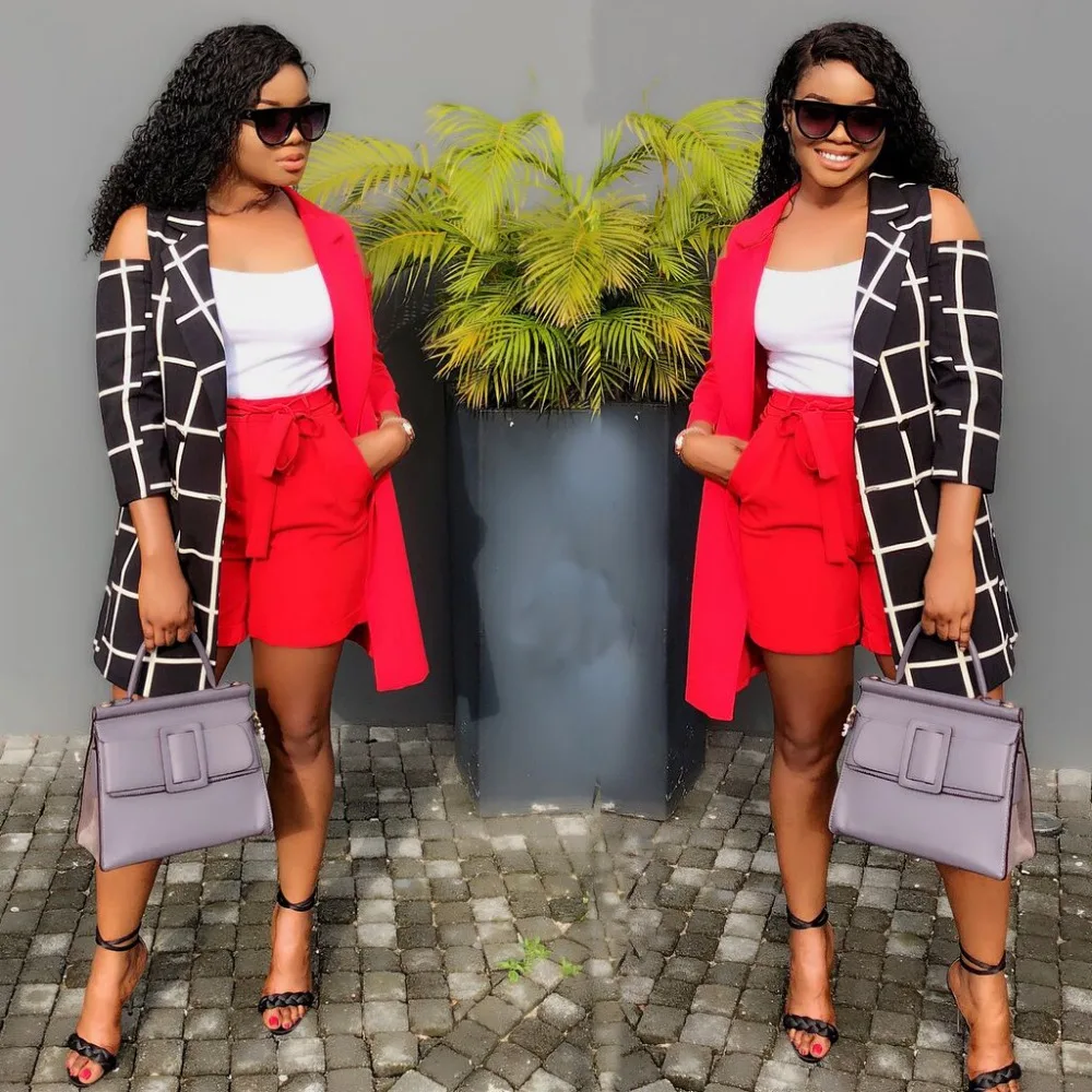 

plus size off shoulder casual 2 piece set autumn turn down collar long sleeve jackets and side pockets shorts women outfit A8061