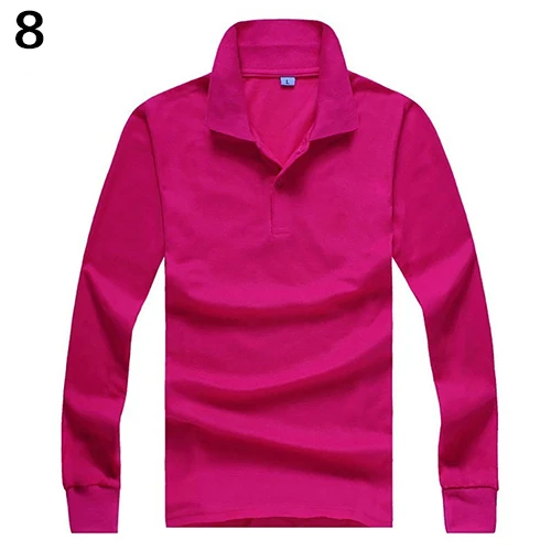 Мужская повседневная Однотонная рубашка поло с отложным воротником и длинным рукавом, пуловер, Топ - Цвет: Rose Red