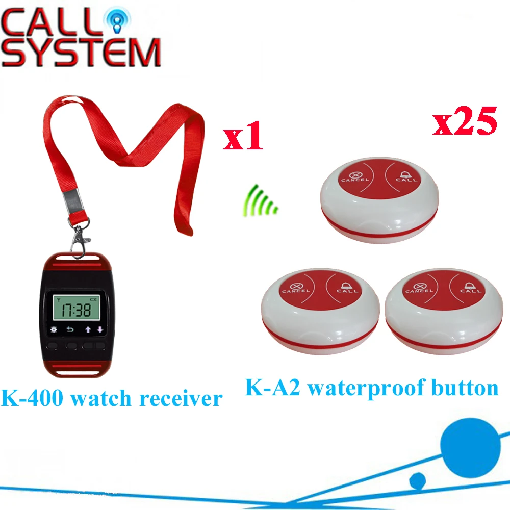 Wireless Calling Pager System Watch Pager Receiver With Neck Rope Of 100% Waterproof Buzzer Button(1 watch+25 call button)
