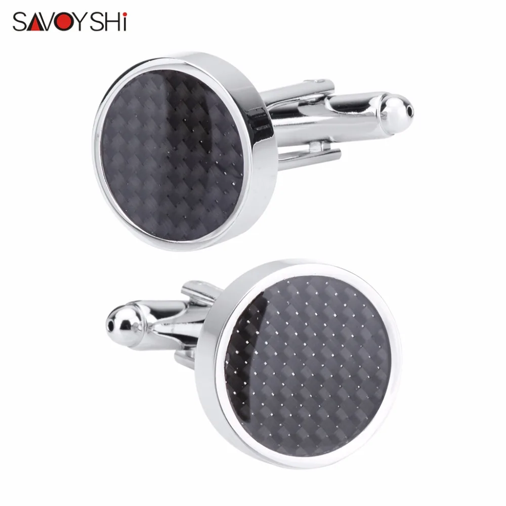 

SAVOYSHI Black Carbon Fiber Cufflinks for Mens Shirt Cuff botton Gift High Quality Round Silver Cuff link Men Brand Jewelry
