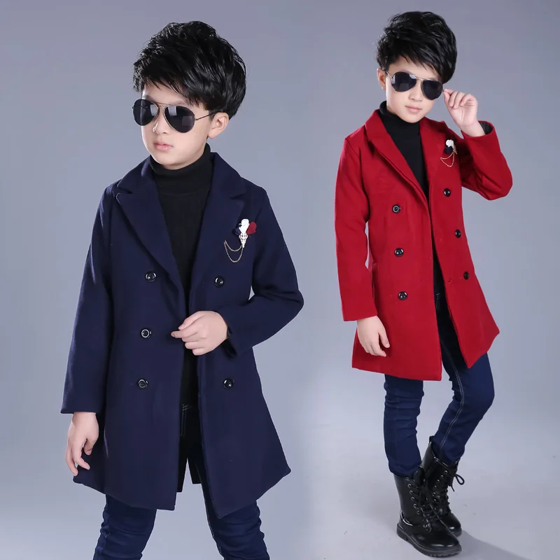 spring autumn boys jacket long section double breasted kids outerwear coat long sleeve turn down collar
