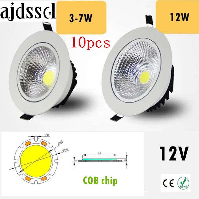 10 шт. супер яркий Встраиваемый светодиодный светильник с регулируемой яркостью COB 3 Вт 5 Вт 7 Вт 12 Вт Светодиодный точечный светильник светодиодный декоративный потолочный светильник AC/DC 12 В