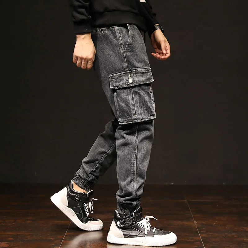 

Japanese Style Fashion Men Jeans Retro Vintage Designer Big Pocket Cargo Pants Black Gray Slack Bottom Hip Hop Joggers Jeans Men