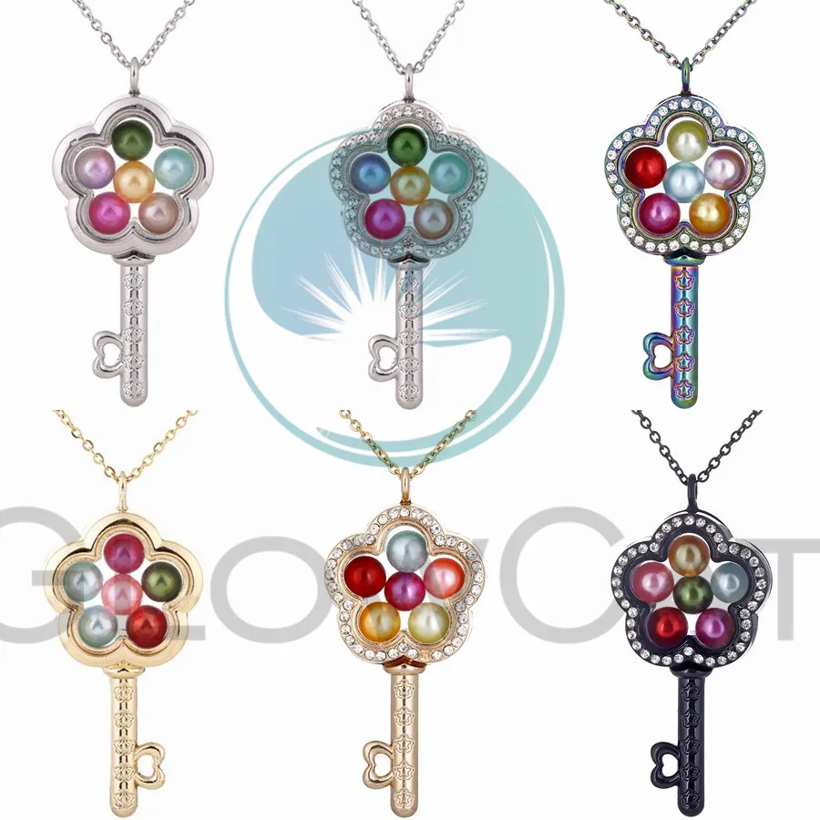 

Flower Key Glass Locket Necklace Rhinestone Beads Pearl Cage Living Memory Floating Photo Locket Pendant Necklace