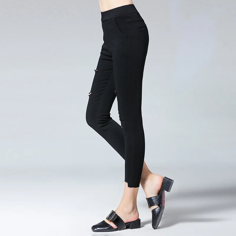 2018 Slim Show thin Stretch hole Ankle length pants loose casual pencil