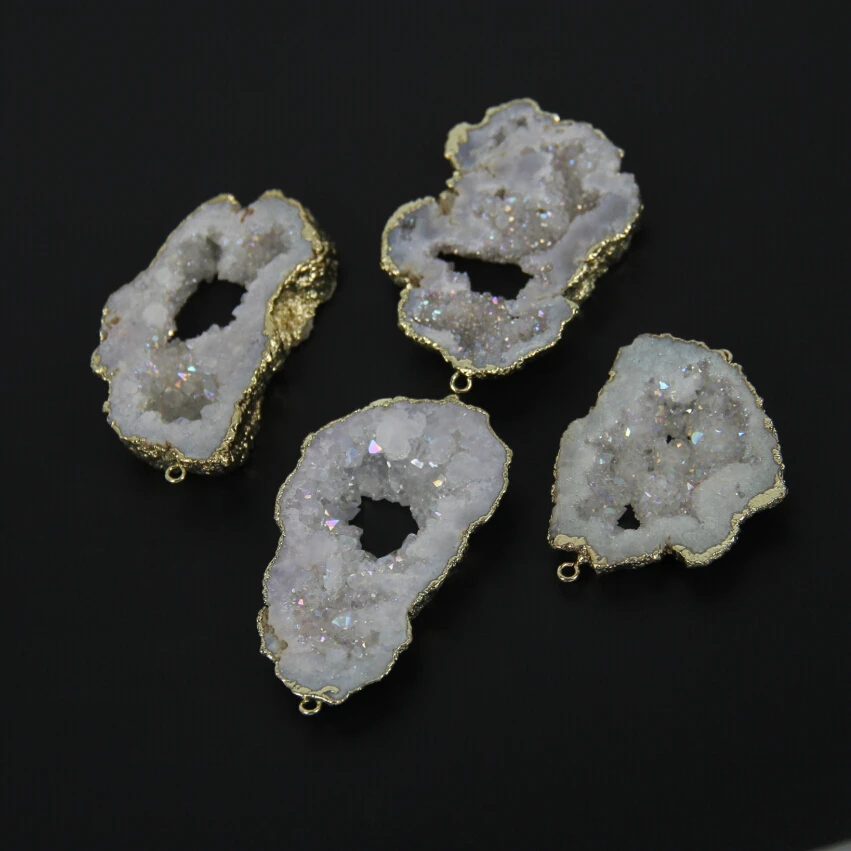 

5pcs Natural White AB Druzy Slice Connectors Necklace,Plated Gold Bail Raw Drusy Geode Slab Beads Pendants Link Bracelet Finding