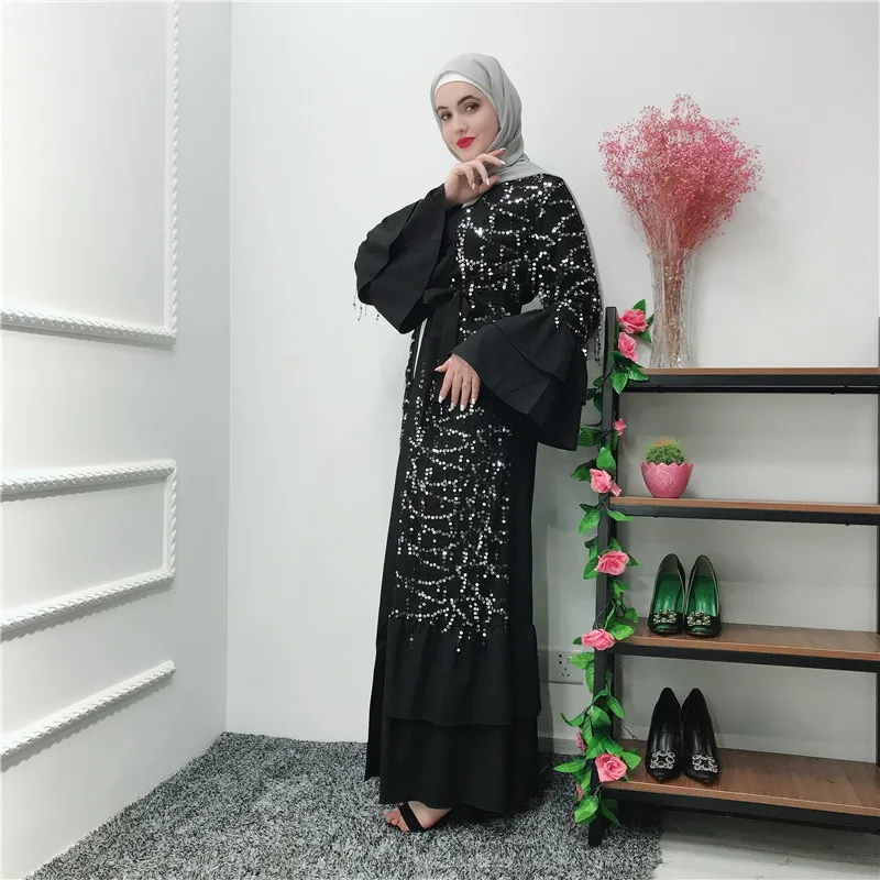 Пайетки черный мусульманин Абаи кимоно кафтан роковой Дубайский мусульманский кардиган платье хиджаб Абаи s Для женщин Marocain Исламская Костюмы