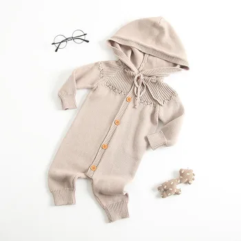 

Infants Autumn Clothing Pure Color Baby Rompers Sweater Knitting Toddlers Kids Outerwear Cotton Hooded Newborn Jumpsuits 3m-24m
