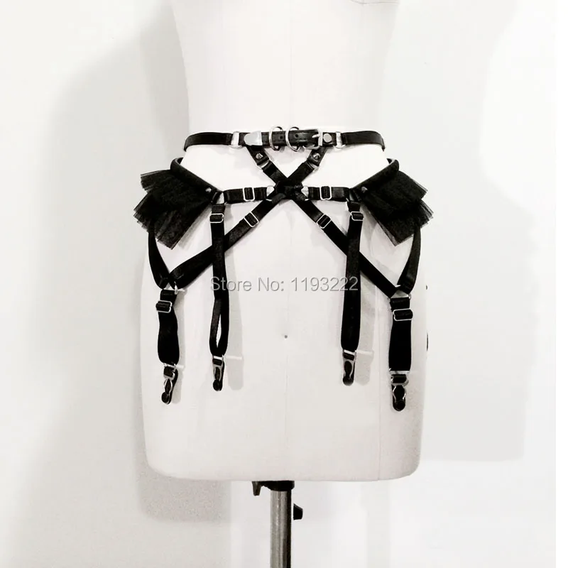 Cosplay Lolita Kawaii Handmade Sexy Harajuku Leather Elastic Garter Belts Chiffon Mesh Waist Garters Harness for Dress Costume