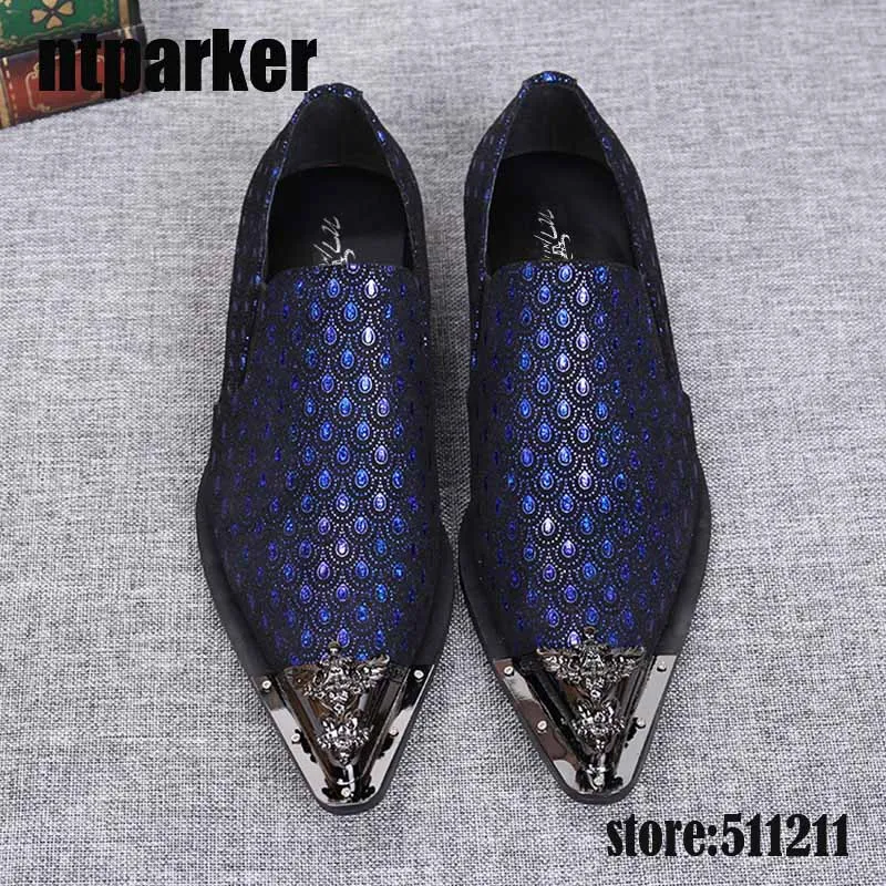 ntparker Western Fashion Pointed Metal Toe Dress Shoes Blue/Grey Party Wedding Leather Shoes for Men, EU38-46!