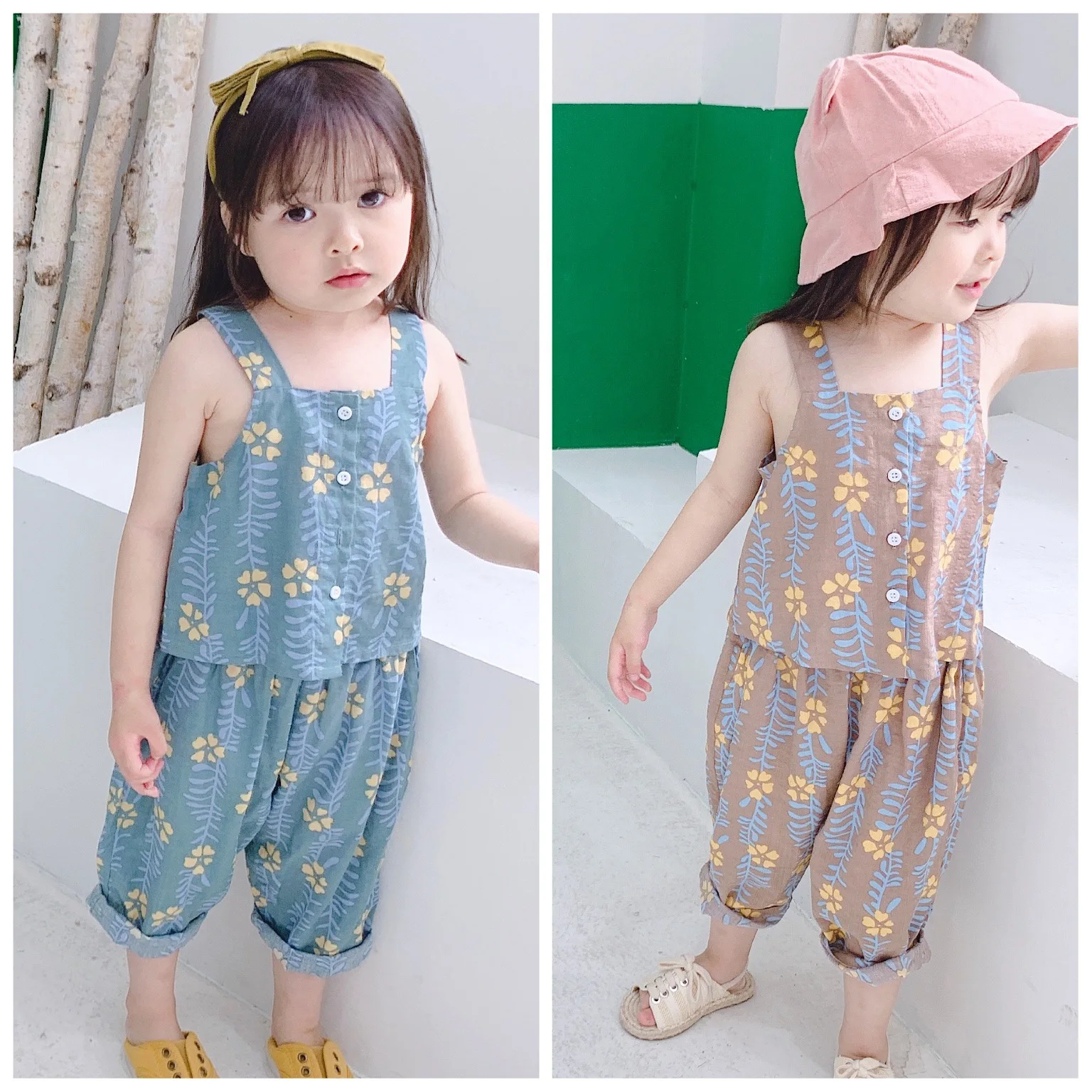 

2019 Children Summer New Girls Cotton Cloth Short-sleeved Single Breasted with Pant Two-piece Sets Little Kids Floral Cloth Sets