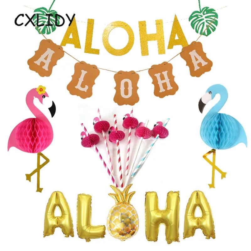Hawaiian Party ALOHA Letter Turtle Leaf Banner Pineapple Balloon Flamingo Straw Honeycomb Ball Paper Lantern Decoration qq096 (58)