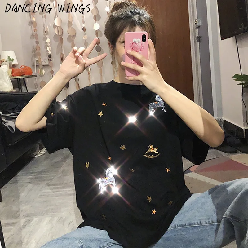 

Women Embroidery Oversized T Shirt Black White Short Sleeve O-Neck Casual Tees