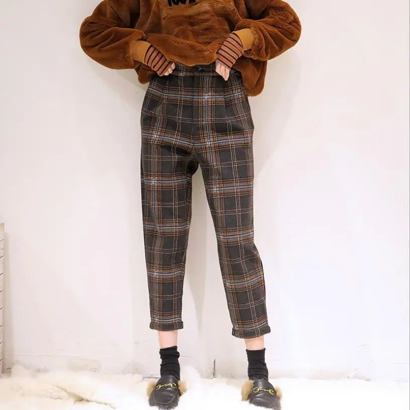 Женские зимние клетчатые хлопковые свободные брюки harlan в британском стиле с высокой талией, брюки длиной до щиколотки - Цвет: Хаки