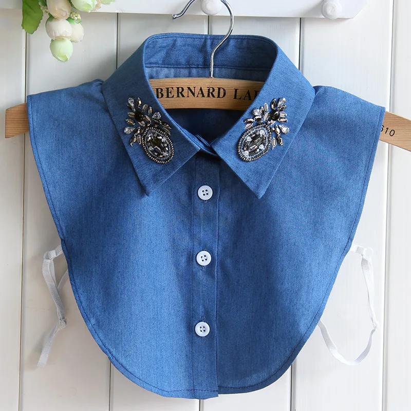 

cuello falso Blue Denim Women Removable Beaded Collars Halft Shirt Fake Collars Faux Cols Cotton Can Custom produce Collars