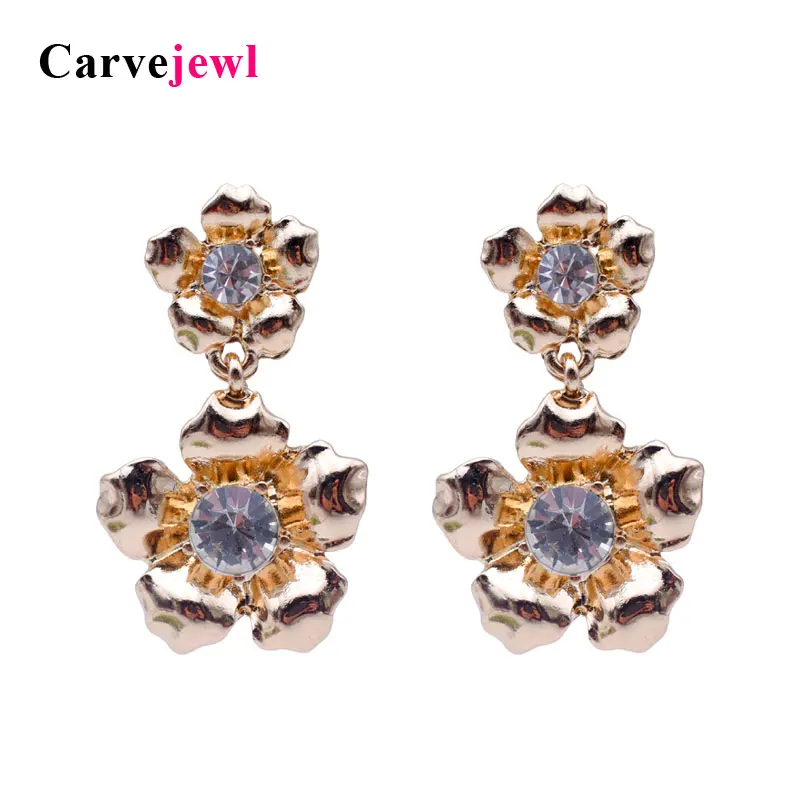 

Carvejewl post earrings double flower pendant dangle earrings for women jewelry girl gift new fashion rhinestone earring hot
