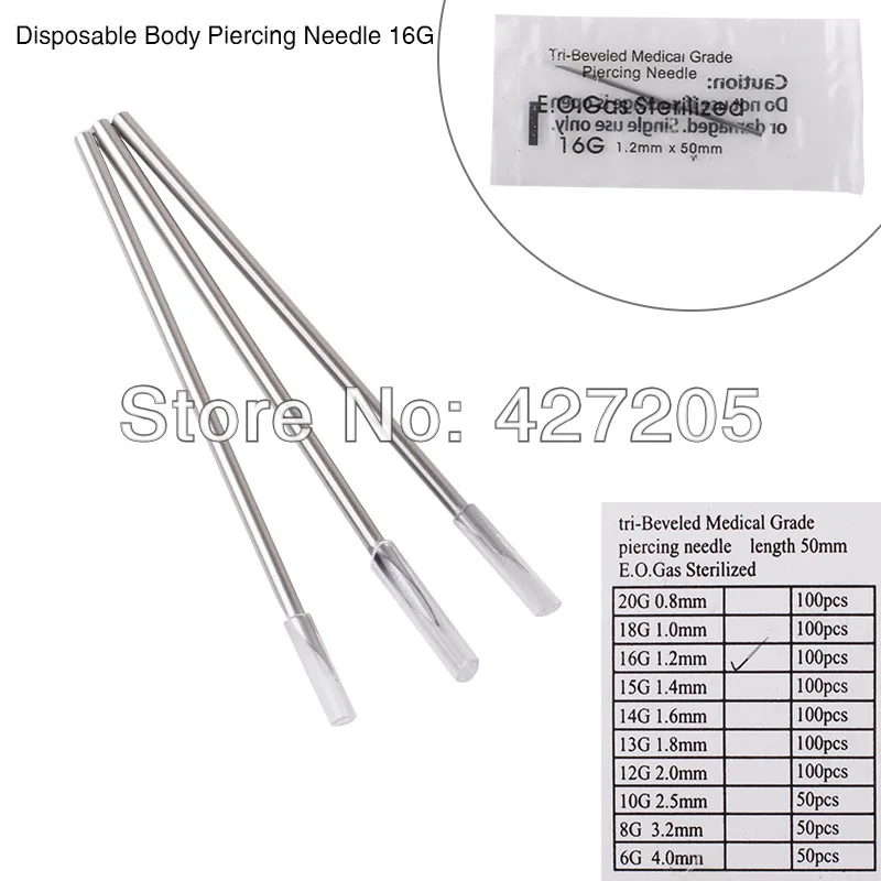 100pcs/lot STERILE Disposable Medical Grade Body Piercing Needle 16G for Tool Kit Ear Nose Navel