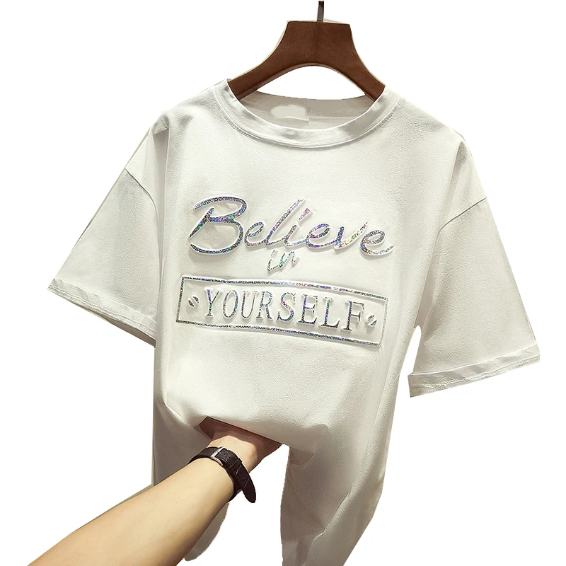 

Letters Printed Tshirt Fashion Womens T-Shirt Casual White Tshirt Cotton Woman Tshirts Top O-Neck Summer Shirts Tops T-Shirt