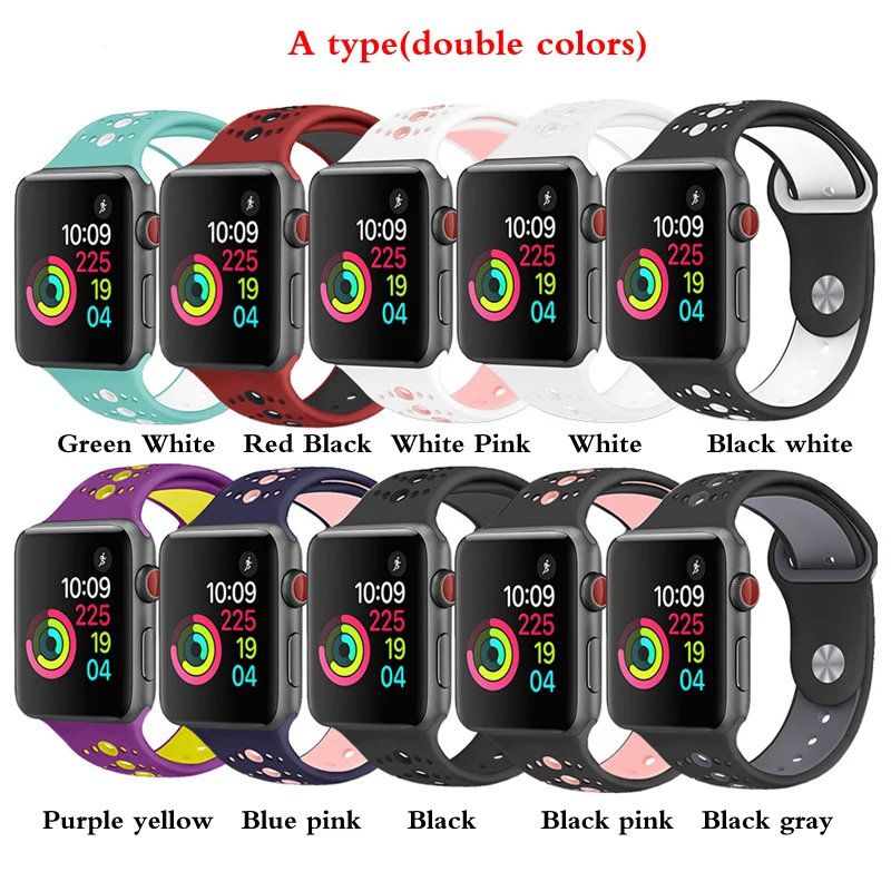 LPWHH Silicone Strap For Watches Double Color Black Blue Red Hole Sports Silicone Band For Apple Watch 44mm 38mm Watchband Bands