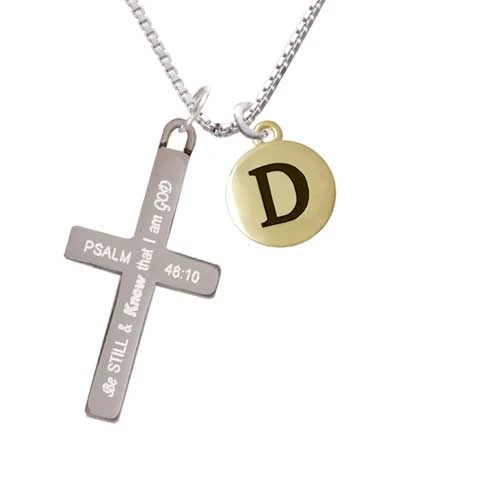 Capital Gold Tone Letter - D - Pebble Disc - - Be Still and Know - Cross Necklace (1)