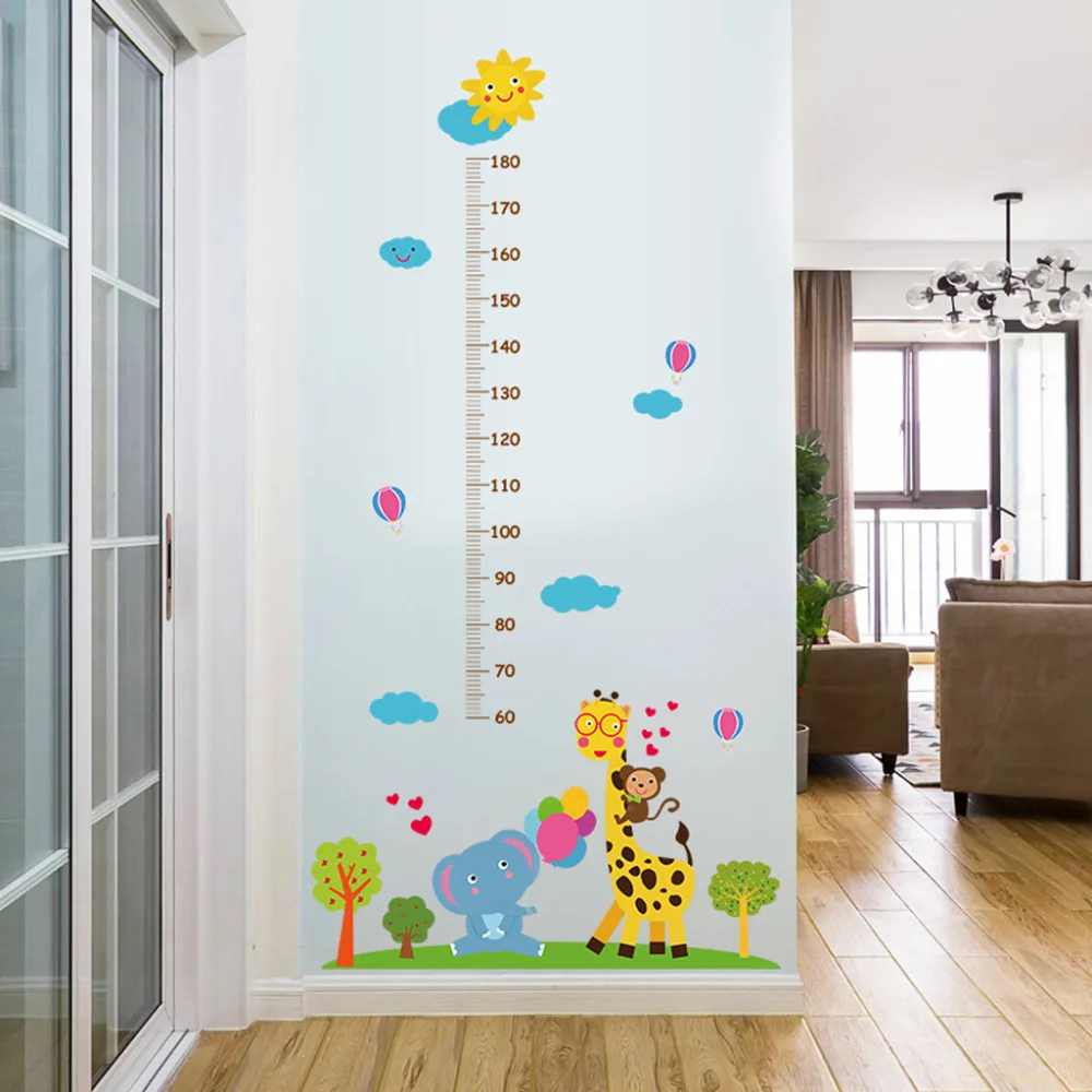 

Free shipping Cartoon Measure Wall Stickers For Kids Rooms Giraffe Monkey Height Chart Ruler Decals Nursery Home Decor LS*D