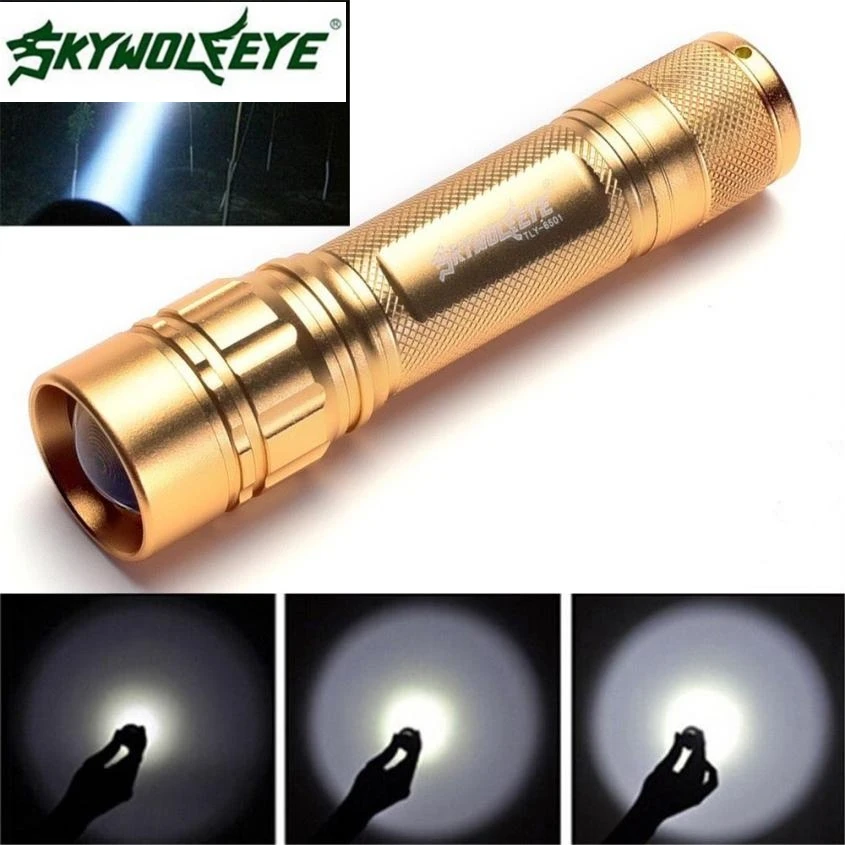 

DC 27 Shining Hot Selling Fast Shipping Zoomable 3000 Lumen 3 Modes CREE XML XPE LED Focus 18650 Gold Lamp Flashlight