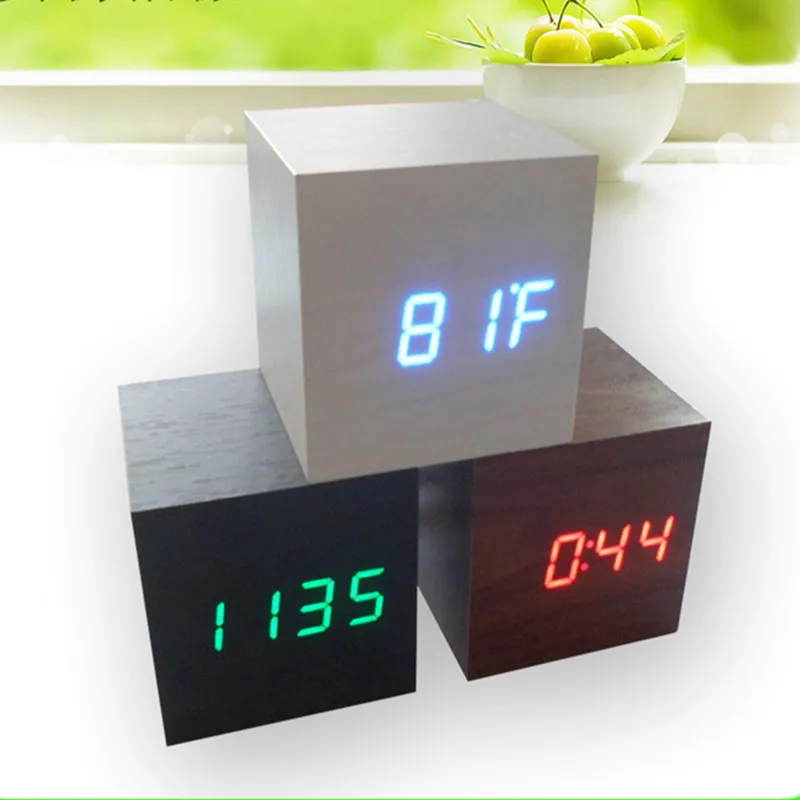 

Cube wooden LED Alarm Clock,despertador Temperature Sounds Control LED display,electronic desktop Digital table clocks,SKU4A4A02