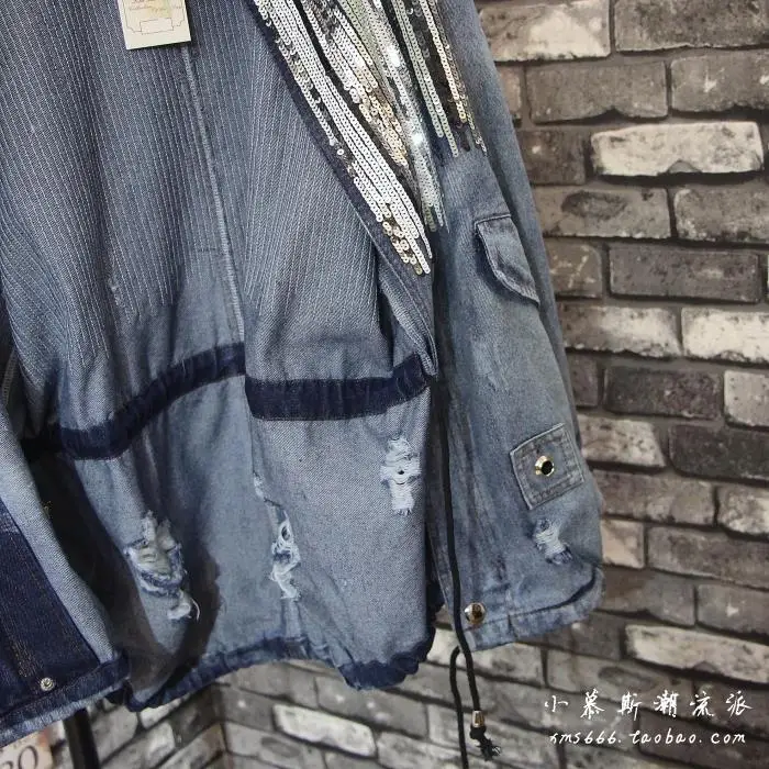 Femelle Stand À Nouveau Manteau Outwear Lâche Bleu Longues De Col Automne Printemps Bling Jeans Veste Femmes 2018 Rétro Manches Paillettes Denim U7qvdgHxw1