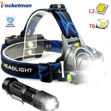 Яркий Перезаряжаемый налобный фонарь T6/L2 с зумом, водонепроницаемый налобный фонарь, фонарь, налобный фонарь, 2*18650 аккумулятор