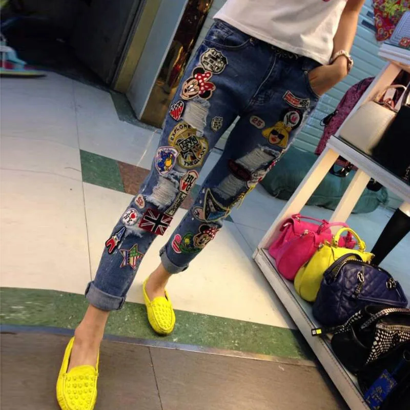 

2017 Spring New Fashion Diamond Stitching Hole Ripped Jeans With Embroidery For Women Mid Waist Long Denim Trousers