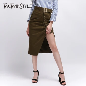 

TWOTWINSTYLE Asymmetrical Skirt Female Sashes High Waist Ruched Split Large Size Midi Skirts For Women Fashion New Clothing