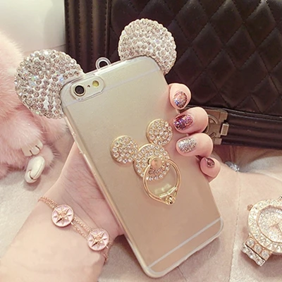 Crystal White Ears Чехол для iphone 8, 7, 5, 6, 6S Plus, X, XR, XS Max, чехол с алмазными ушками Микки Мауса, мягкий ТПУ чехол для samsung Galaxy S7 Edge, S8, S9, S10, держатель - Цвет: Crystal White Ears