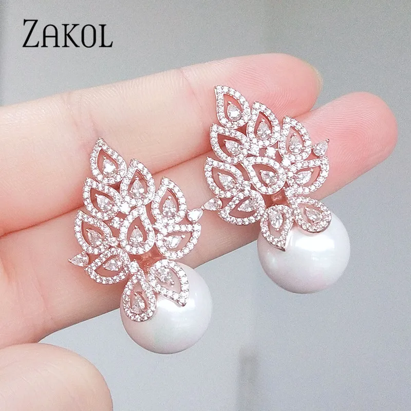 

ZAKOL Imitation Pearl Leaf Collection Full Micro Cubic Zirconia Pave Women Bridal Engagement Earring Jewelry Addiction FSEP2290