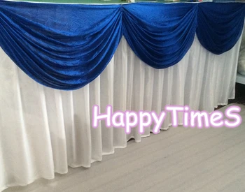 

5pcs/lot White Table Skirt With Royal Blue Swags Luxury Wedding Table Decorations With Metal Clips Party Favors